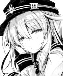  1girl ai_takurou anchor_symbol bangs chestnut_mouth close-up collarbone eyebrows eyebrows_visible_through_hair face flat_cap greyscale hair_between_eyes hand_on_own_cheek hand_up hat hibiki_(kantai_collection) kantai_collection long_hair long_sleeves looking_at_viewer monochrome portrait school_uniform serafuku sidelocks simple_background solo white_background 