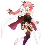 1boy black_legwear black_ribbon braid cape eyebrows eyebrows_visible_through_hair fang fate/apocrypha fate_(series) fuyuki_(neigedhiver) garter_straps gauntlets hair_ribbon long_hair looking_at_viewer low-tied_long_hair one_eye_closed one_leg_raised open_mouth pink_hair ribbon rider_of_black simple_background solo thigh-highs violet_eyes white_background 