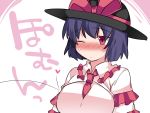  1girl between_breasts blush bouncing_breasts breasts capelet commentary_request hammer_(sunset_beach) hat heart large_breasts nagae_iku necktie necktie_between_breasts one_eye_closed purple_hair red_eyes short_hair solo sweat symbol_ricochet touhou translation_request upper_body 