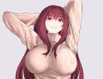  1girl arms_behind_head breasts erect_nipples fate/grand_order fate_(series) highres large_breasts lips long_hair looking_at_viewer red_eyes redhead ribbed_sweater scathach_(fate/grand_order) simple_background smile solo sweater tsuna_maru 