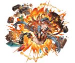  &gt;:d 1girl :d blue_jacket breasts cleavage coin cropped_jacket explosion eyebrows eyebrows_visible_through_hair full_body gem goggles goggles_on_headwear granblue_fantasy gun handgun hat jacket long_hair mary_(granblue_fantasy) minaba_hideo official_art open_mouth orange_eyes orange_hair simple_background smile solo striped stuffed_animal stuffed_toy tears teddy_bear teeth transparent_background treasure_chest weapon 