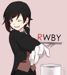  1girl alternate_costume blush brown_hair coffee_cup copyright_name formal gloves grey_eyes nagisa_(12363) necktie one_eye_closed pant_suit pink_background ruby_rose rwby short_hair smile solo suit white_gloves 