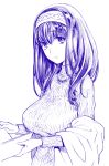  1girl book breasts hairband highres hijiri_rei idolmaster idolmaster_cinderella_girls jewelry large_breasts long_hair looking_at_viewer monochrome necklace ribbed_sweater sagisawa_fumika simple_background solo sweater traditional_media upper_body white_background 