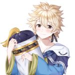  1boy blonde_hair blush brown_eyes meitenkun pillow simple_background solo the_king_of_fighters the_king_of_fighters_xiv tl_astral7536 twintails upper_body white_background 