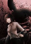  1girl ajin_(sakurai_gamon) bandage black_hair black_pants breasts brown_eyes dress_shirt highres ibm_(ajin) large_breasts looking_at_viewer mole mole_under_eye open_mouth pants red_eyes shimomura_izumi shirt short_hair solo 