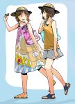  2girls boko_(girls_und_panzer) brown_hair character cicada dress girls_und_panzer hat holding_strap light_brown_hair looking_at_another multiple_girls nishizumi_maho nishizumi_miho open_mouth price sandals short_hair shorts sleeveless sleeveless_dress smile straw_hat sun_hat sundress takanitsuki tank_top tote_bag 