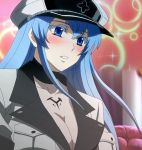  1girl akame_ga_kill! blue_eyes blue_hair blush breasts esdeath hat large_breasts long_hair screencap solo stitched tattoo 