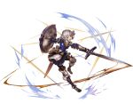  1girl armor armored_boots blue_eyes boots breastplate farrah_(granblue_fantasy) full_body gauntlets granblue_fantasy holding holding_weapon looking_at_viewer minaba_hideo open_mouth pantyhose shield short_hair shoulder_pads simple_background sword thigh-highs weapon white_hair 