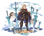  1boy ahoge armor belt black_pants blonde_hair blue_eyes cape crossed_arms full_body granblue_fantasy greaves looking_at_viewer male_focus minaba_hideo official_art open_mouth pants planted_sword planted_weapon puddle sheath sheathed short_hair siete simple_background smirk smug solo space standing star_(sky) sword teeth transparent_background weapon 