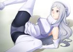  1girl aila_jyrkiainen blush boots breasts dress elbow_gloves gloves gundam gundam_build_fighters hat highres hornet_(artist) large_breasts legs legs_up long_hair looking_down lying panties pantyhose simple_background spread_legs thigh-highs thigh_boots thighs underwear violet_eyes white_hair 