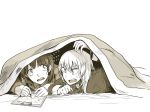  2girls blanket clipboard female flying_sweatdrops girls_und_panzer itsumi_erika jacket lying monochrome multiple_girls nishizumi_miho on_bed on_stomach open_mouth pajamas pencil short_hair sleeves_past_wrists sweat takanitsuki under_covers white_background 