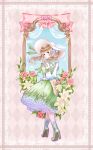  1girl arms_behind_back beamed_semiquavers blue_sky brown_hair dress flower frilled_dress frills full_body green_dress hat high_heels highres lace musical_note nail_polish pantyhose petticoat purple_nails rose sky smile solo standing summer_worm tian_tian_meng_wuyu white_hat 