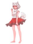  1girl animal_ears bare_legs barefoot highres inubashiri_momiji ma_nyan_(nyao_mao_nyao) miniskirt red_eyes red_skirt skirt sleeveless tail touhou white_hair wolf_ears wolf_tail 