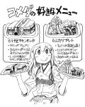  1girl :d akagi_(kantai_collection) closed_eyes comic food hands_up holding holding_food holding_plate japanese_clothes kantai_collection long_hair looking_at_viewer monochrome muneate mushroom nagumo_(nagumon) open_mouth plate salad sandwich skirt smile solo takoyaki thigh-highs tongue tongue_out translation_request upper_body white_background 