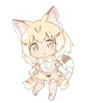  1girl animal_ears ankle_boots arms_at_sides bare_shoulders blonde_hair blush boots bow bowtie breast_pocket cat_ears cat_tail chibi commentary elbow_gloves expressionless eyebrows_visible_through_hair frilled_skirt frills full_body gloves gradient_hair hatching_(texture) kemono_friends kneehighs looking_at_viewer multicolored_hair naya no_nose open_hands open_mouth pocket ribbon sand_cat_(kemono_friends) shirt shoe_ribbon simple_background skirt sleeveless sleeveless_shirt solo standing streaked_hair striped_tail tail tareme triangle_mouth white_background white_boots white_footwear white_hair white_shirt yellow_eyes 