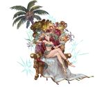  1girl apple apricot_(fruit) aqua_bikini armlet bikini bracelet breasts cherry cleavage coconut crystal de_la_fille earrings eating floating_hair food fruit full_body gem granblue_fantasy grapes green_eyes green_hair groin hair_ornament jewelry large_breasts legs_crossed lime_(fruit) long_hair minaba_hideo navel necklace official_art open_mouth palm_tree pear pineapple rainbow_hair ring simple_background sitting smile solo swimsuit throne transparent_background tree twintails 