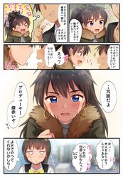  1boy 2girls black_hair blue_eyes blush bow bowtie comic earrings fang fur_coat ganaha_hibiki hiiringu idolmaster imagining jacket jewelry multiple_girls open_mouth otonashi_kotori ponytail producer_(idolmaster) short_hair speech_bubble sweatdrop thought_bubble translation_request yellow_bow yellow_bowtie 