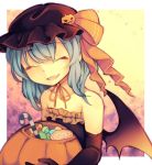  1girl alternate_costume bat_wings candy candy_cane closed_eyes elbow_gloves fang food gloves halloween_costume hat hat_ribbon jack-o&#039;-lantern mob_cap open_mouth remilia_scarlet ribbon smile solo tama_(soon32281) touhou wings 