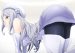  1girl aila_jyrkiainen all_fours ass bare_shoulders blush boots breasts dress elbow_gloves gloves gundam gundam_build_fighters hat highres hornet_(artist) large_breasts legs long_hair looking_back simple_background solo thigh-highs thigh_boots thighs violet_eyes white_hair 
