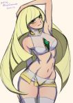  adapted_costume artist_name blonde_hair blush breasts crop_top dated green_eyes halter_top halterneck impossible_hair long_hair lusamine_(pokemon) midriff mina_cream miniskirt navel pokemon pokemon_(game) pokemon_sm short_shorts shorts skirt thigh-highs thighs toned very_long_hair 