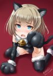  1girl animal_costume animal_ears bangs bell bell_collar black_legwear black_leotard blonde_hair blue_eyes cat_costume cat_ears cat_tail collar elbow_gloves fang fur_trim girls_und_panzer gloves haruhata_mutsuki katyusha kemonomimi_mode leotard looking_at_viewer paw_gloves paw_pose red_background short_hair simple_background sitting solo tail thigh-highs wariza 