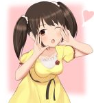  1girl black_hair blush breasts brown_eyes h3po4_chiba heart highres idolmaster idolmaster_cinderella_girls long_hair nakano_yuka one_eye_closed open_mouth smile solo twintails 