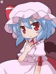  1girl bat_wings blue_hair blush dress female hand_on_own_chest hat hatomugisan looking_at_viewer pink_dress red_eyes remilia_scarlet short_hair simple_background solo standing touhou vampire wings 