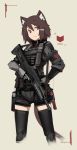  1girl animal_ears brown_eyes brown_hair cat_ears cat_tail cowboy_shot deel_(rkeg) gun hair_ornament hairclip highres holding holding_gun holding_weapon holster military original rifle shorts simple_background sling solo tail thigh-highs thigh_holster trigger_discipline weapon 