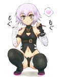  1girl assassin_of_black awayuki_tobari breasts brown_eyes cleavage_cutout eating fate/grand_order fate_(series) heart navel pocky_day scar sexually_suggestive small_breasts spoken_heart squatting tagme thigh-highs white_background white_hair 