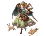  1girl animal bag belt bird boots brown_eyes brown_hair capelet dress full_body gloves granblue_fantasy hat jasmine_(granblue_fantasy) knee_boots long_hair looking_at_viewer minaba_hideo rabbit simple_background smile squirrel transparent_background white_background 
