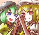  2girls blue_eyes closed_mouth flandre_scarlet hand_holding highres komeiji_koishi looking_at_viewer multiple_girls open_mouth peroponesosu. red_eyes smile tan_background touhou upper_body 
