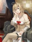  1girl blonde_hair blue_eyes braid crown curtains dress flower french_braid garter_straps hairband hand_on_own_face jewelry kantai_collection legs_crossed lips long_hair long_sleeves mini_crown necklace off-shoulder_dress off_shoulder red_ribbon red_rose ribbon rose sitting thigh-highs throne venezia_(fanfoo) warspite_(kantai_collection) white_dress white_legwear window 