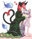  2girls animal_ears blush capelet cat_ears cat_tail check_commentary commentary commentary_request dress green_dress grey_dress grey_hair hair_ribbon hand_on_another&#039;s_face heart heart_tail highres hitodama jewelry kaenbyou_rin licking_lips long_sleeves mana_(gooney) mouse_ears mouse_tail multiple_girls multiple_tails nail_polish nazrin necklace red_eyes redhead ribbon simple_background skull sweat tail tongue tongue_out touhou two_tails yuri 