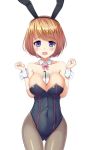  1girl animal_ears between_breasts blue_eyes bow bowtie breasts brown_hair bunnysuit covered_navel detached_collar glass gluteal_fold large_breasts milk noru_(take011000) open_mouth original pantyhose rabbit_ears short_hair standing straw wrist_cuffs 