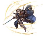  1boy animal_ears armor belt brown_eyes cape cat_ears chains circlet closed_mouth erun_(granblue_fantasy) full_body granblue_fantasy hair_tubes holding holding_sword holding_weapon long_hair male_focus minaba_hideo official_art ponytail seruel sheath silver_hair simple_background solo sparkle spikes sword transparent_background weapon 