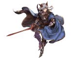  1boy animal_ears armor belt brown_eyes cape cat_ears chains circlet closed_mouth erun_(granblue_fantasy) full_body granblue_fantasy hair_tubes holding holding_sword holding_weapon long_hair male_focus minaba_hideo official_art seruel silver_hair simple_background solo spikes sword transparent_background weapon 