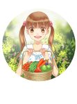  1girl :d basket brown_eyes brown_hair carrot eggplant food kawamoto_hinata looking_at_viewer open_mouth outdoors pepper sangatsu_no_lion smile solo summer_worm twintails 