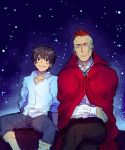  2boys black_hair brown_eyes cape crossed_arms darren_shan larten_crepsley multiple_boys necktie redhead scar short_hair sitting smile solo the_saga_of_darren_shan vampire vest yamado 