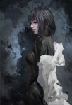  1girl artist_name black_hair faux_traditional_media fubuki_(one-punch_man) highres kevin_chandra lips looking_to_the_side nose one-punch_man portrait short_hair signature solo upper_body 