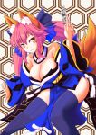  1girl animal_ears blue_legwear bow breasts cleavage collarbone detached_sleeves fate/extella fate/extra fate/grand_order fate_(series) fox_ears fox_tail hair_bow hair_ribbon japanese_clothes large_breasts looking_at_viewer pink_hair ribbon solo tail tamamo_(fate)_(all) tamamo_no_mae_(fate) tetsuhige thigh-highs yellow_eyes 