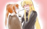  2girls blonde_hair blush brown_hair closed_eyes collared_shirt couple fate_testarossa food fujinon_(izayoi) hair_ornament happy long_hair lyrical_nanoha mahou_senki_lyrical_nanoha_force mahou_shoujo_lyrical_nanoha mahou_shoujo_lyrical_nanoha_strikers mahou_shoujo_lyrical_nanoha_vivid multiple_girls open_mouth pocky pocky_kiss saliva shared_food shirt simple_background sketch sweater takamachi_nanoha very_long_hair yuri 