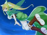 1girl artist_request ass blonde_hair boots bracelet braid breasts elf fairy_wings flying from_behind green_eyes hair_ornament highres jewelry large_breasts leafa light_smile long_hair looking_at_viewer night open_mouth parted_lips pointy_ears ponytail puffy_sleeves shorts sideboob skirt sky smile sword_art_online thigh-highs very_long_hair wings 