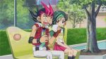  1boy 1girl animated animated_gif bird food green_hair lowres mizuki_kotori_(yuu-gi-ou_zexal) onigiri tsukumo_yuuma yu-gi-oh! yuu-gi-ou_zexal 