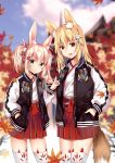  2girls absurdres animal_ears autumn_leaves blonde_hair duji_amo fox_ears fox_tail green_eyes highres japanese_clothes long_hair looking_at_viewer multiple_girls original pink_hair red_eyes short_hair tail thigh-highs 