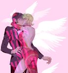  2boys asuka_ryou black_hair blonde_hair bridal_gauntlets choker closed_eyes crossdressinging devilman devilman_saga dress fudou_yuuki head_wings highres kiss multiple_boys piooozzing short_hair sideburns spoilers wings yaoi 