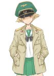  1girl blonde_hair blouse bow brown_eyes brown_jacket cowboy_shot erwin_(girls_und_panzer) girls_und_panzer goggles goggles_on_headwear green_skirt hands_in_pockets harukon_(halcon) hat highres jacket light_smile long_sleeves looking_at_viewer military military_uniform miniskirt open_clothes open_jacket peaked_cap pleated_skirt pointy_hair school_uniform serafuku short_hair simple_background skirt solo standing uniform white_background white_blouse 