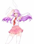  1girl absurdres animal_ears contrapposto dress_shirt finger_gun highres long_hair miniskirt necktie pink_skirt pleated_skirt purple_hair rabbit_ears red_eyes reisen_udongein_inaba shirt short_sleeves sidelocks skirt thigh-highs touhou very_long_hair white_legwear white_shirt yukina_(masyumaro610) zettai_ryouiki 