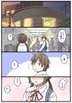  bag blush brown_eyes brown_hair collared_shirt comic head_out_of_frame long_hair mikkii multiple_boys multiple_girls neck_ribbon oosaki_minato original railroad_crossing red_ribbon ribbon school_bag school_uniform shirt sunset suzushiro_akane telephone_pole train_station translation_request turnstile twintails white_shirt 