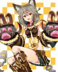  1girl :3 :d animal_ears artist_name ayuto bangs boots breasts brown_boots cat_ears cat_paws checkered checkered_background claw_(weapon) collar erun_(granblue_fantasy) eyebrows eyebrows_visible_through_hair fangs gloves granblue_fantasy green_skirt grey_hair hair_between_eyes long_hair looking_at_viewer medium_breasts miniskirt open_mouth orange_eyes outline paw_gloves paws sen_(granblue_fantasy) sitting skirt smile solo weapon 