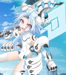  1girl ahoge axe blanc blue_hair bodysuit breasts choujigen_game_neptune compile_heart fang haiyolusisotyo idea_factory long_hair looking_at_viewer mecha_musume neptune_(series) open_mouth red_eyes sky small_breasts smile solo symbol-shaped_pupils thigh-highs weapon white_heart 